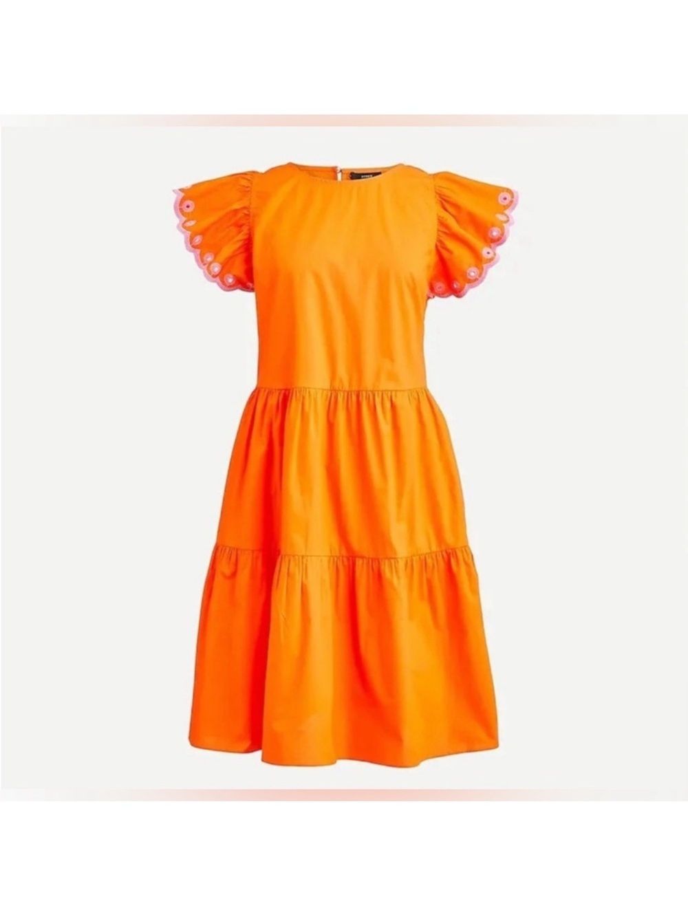 J. Crew Orange Tiered Midi Dress with Scalloped Puff Sleeves